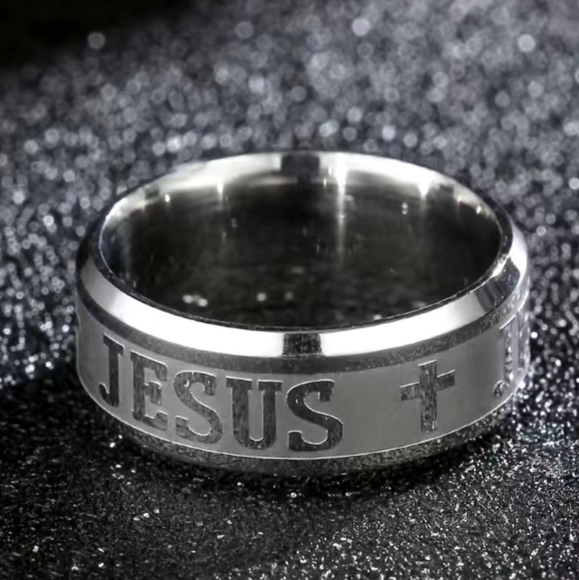 COPY - Silver or gold stainless steel Jesus cross faith 8mm ring. Size 6 to 13 … - Picture 1 of 5
